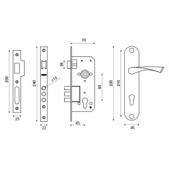 Замок врезной цилиндровый с защёлкой в комплекте с ручкой KIT P90 4585/3 CRONA AB (бронза), 5 кл.